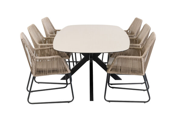7-teiliges Garten-Set | 6 Mona Gartenstühle (Sand) | Malaga Gartentisch 240 x 115 cm (Schwarz)