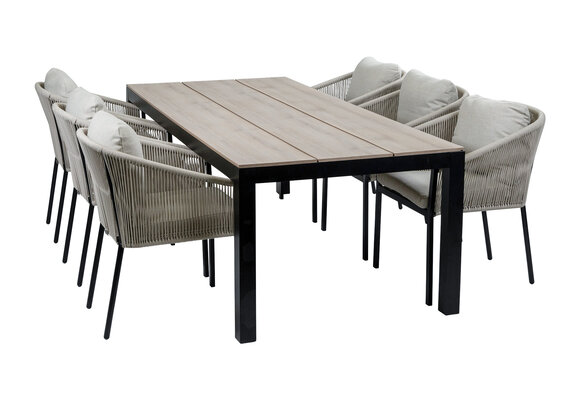 7-teiliges Garten-Set | 6 Elvira Gartenstühle | Limasol Gartentisch (225x 100 cm)  | Schwarz & Wood