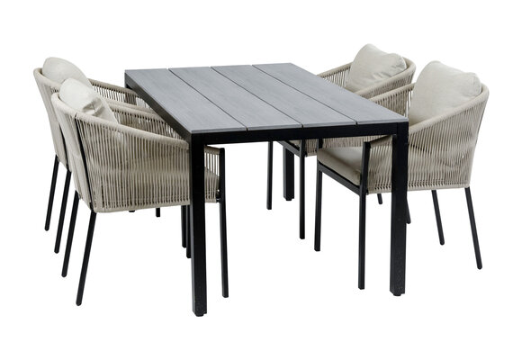 5-teiliges Garten-Set | 4 Elvira Gartenstühle (Sand) | Gartentisch Limasol 160 x 90 cm (Grey)