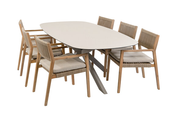 7-teiliges Garten-Set | 6 Felline Gartenstühle (Akazienholz) | Gartentisch Malaga 240 x 115 cm (Camel)