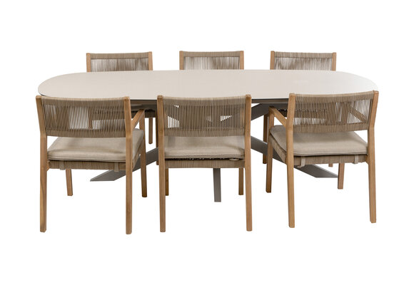 7-teiliges Garten-Set | 6 Felline Gartenstühle (Akazienholz) | Gartentisch Malaga 240 x 115 cm (Camel)