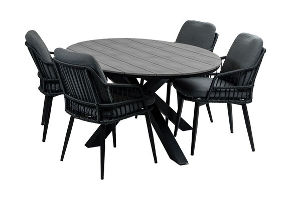 5-teiliges Garten-Set | 4 Isabel-Gartenstühle (Schwarz) | 180cm ovaler Limasol-Gartentisch (Grau)