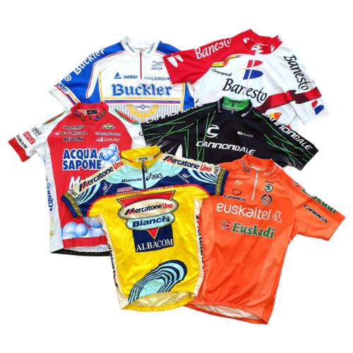 A wide range of vintage cycling competition/race jerseys