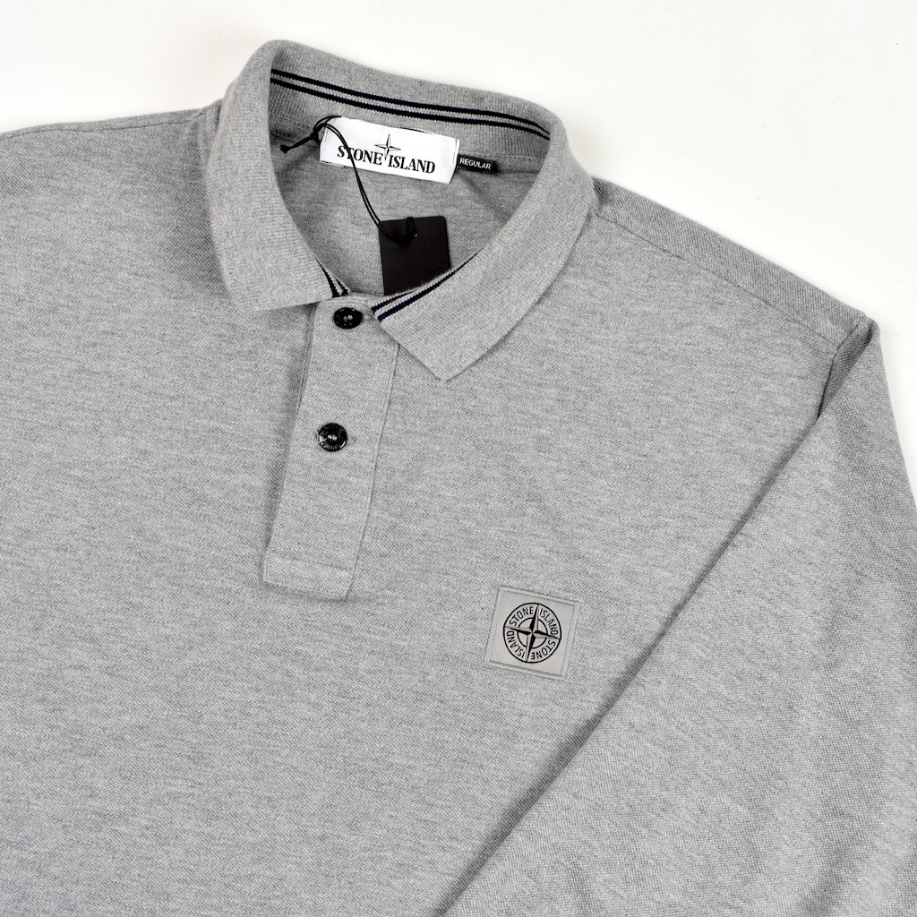 Stone Island grey cotton pique long sleeve patch program polo