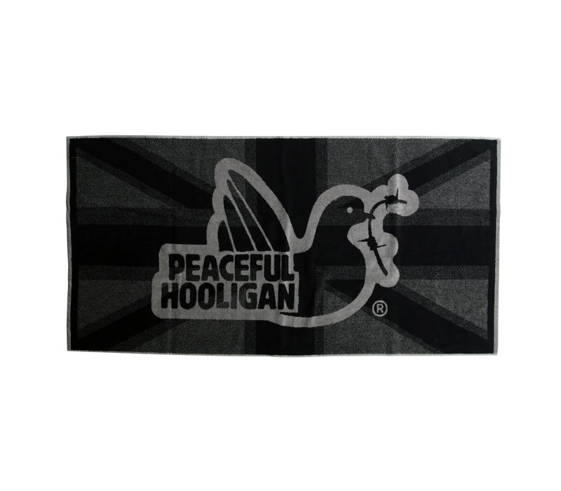 Peaceful Hooligan Union Jack Dove logo beach towel Black