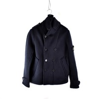 Stone Island navy felted wool double breasted coat M