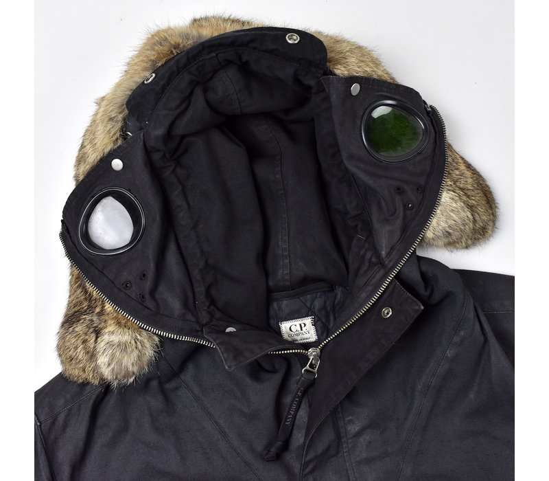 C.P. Company black linoflax rabit fur explorer goggle parka 50