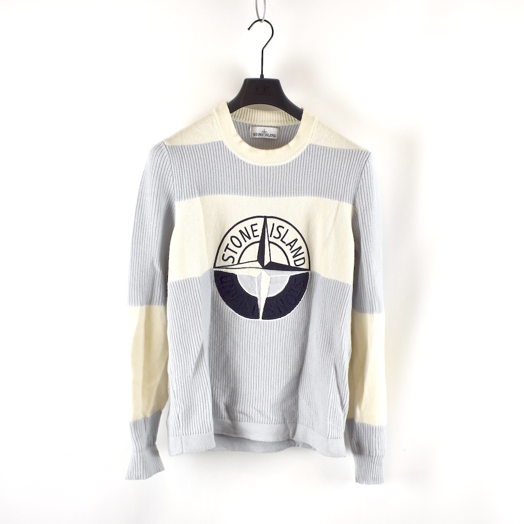 Stone Island blue two tone wool big compass logo crew neck knit