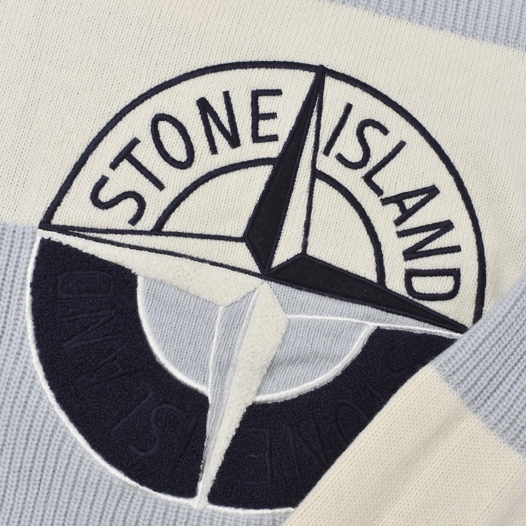 Stone Island blue two tone wool big compass logo crew neck knit - Archivio85