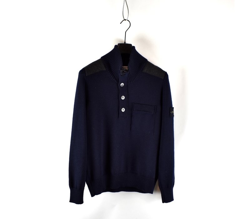 Stone Island navy felt panel wool quarter neck knit L