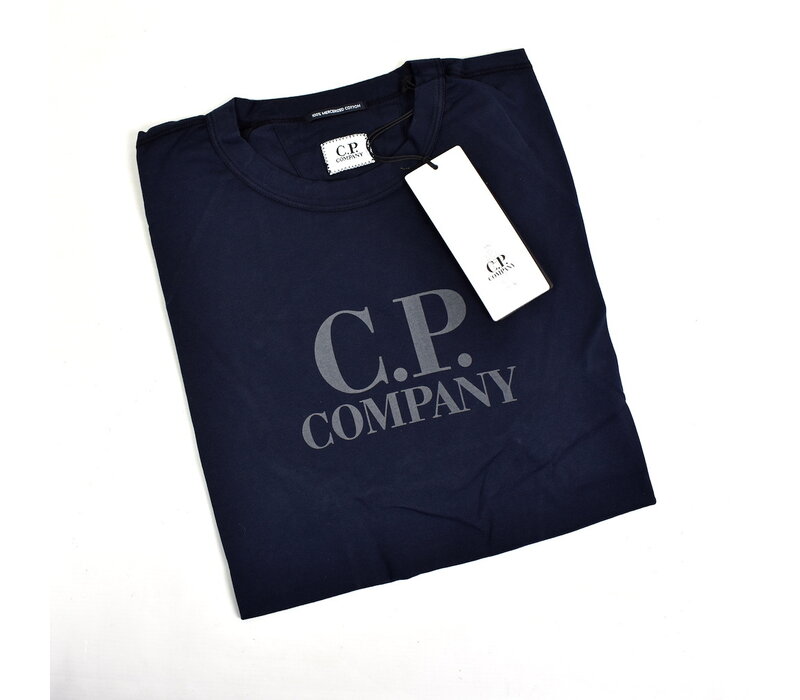 C.P. Company jersey mercerized cotton spellout print crew t-shirt Navy