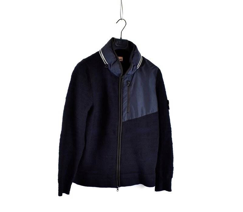 Stone Island navy black distressed pattern full zip wool knit L