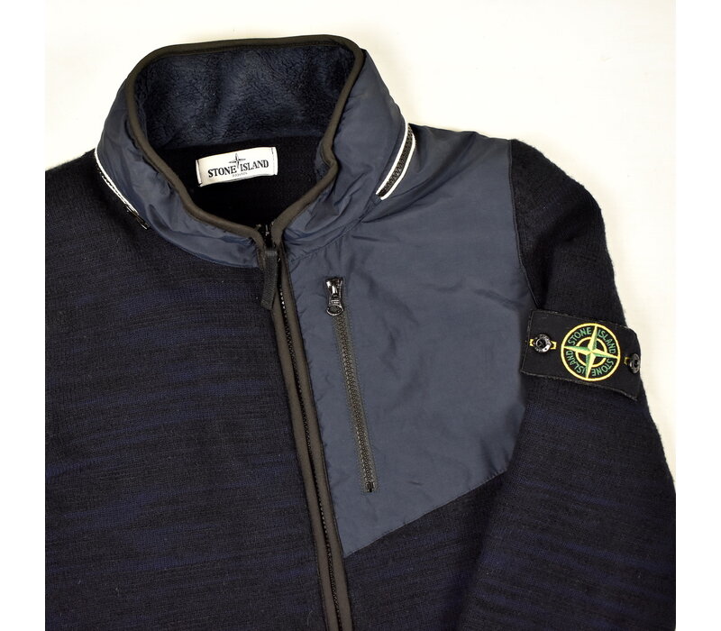 Stone Island navy black distressed pattern full zip wool knit L