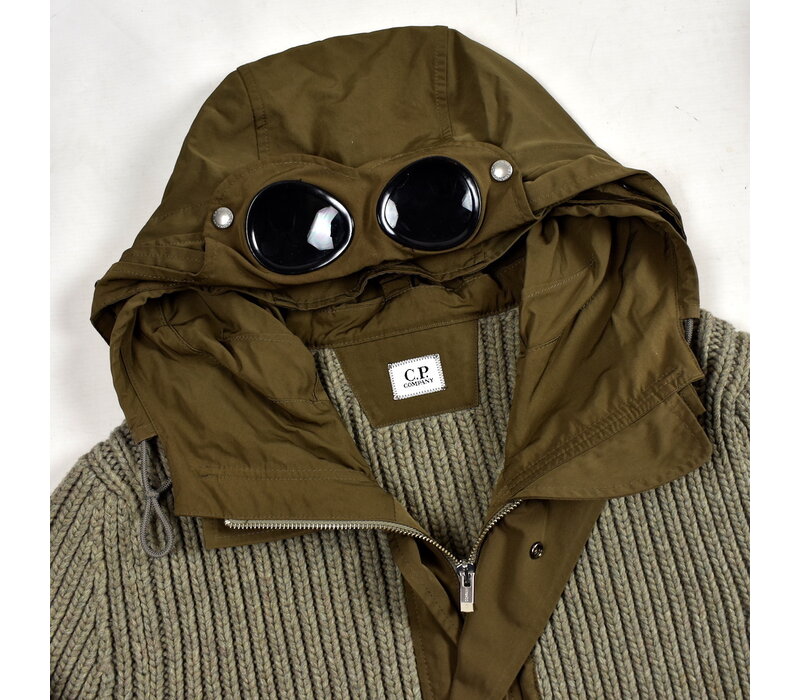 C.P. Company grey heavy knit wool goggle hood full zip cardigan 50