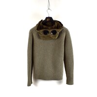 C.P. Company grey heavy knit wool goggle hood full zip cardigan 50