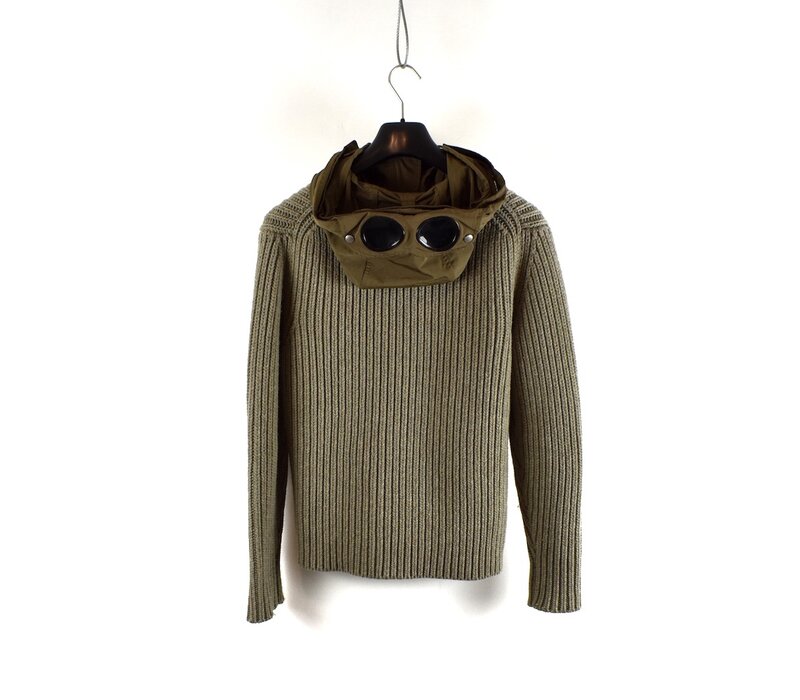 C.P. Company grey heavy knit wool goggle hood full zip cardigan 50