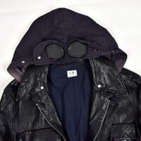 C.P. Company black leather mille miglia goggle hooded field jacket 52