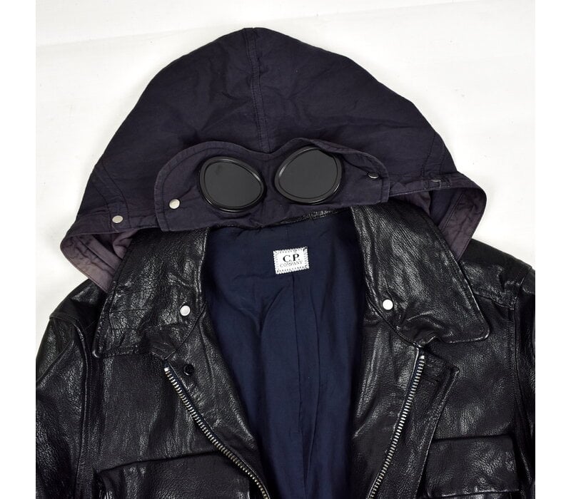C.P. Company black leather mille miglia goggle hooded field jacket 52