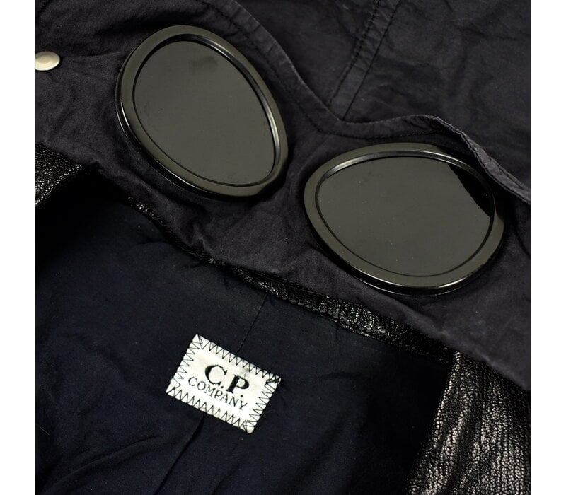 C.P. Company black leather mille miglia goggle hooded field jacket 52