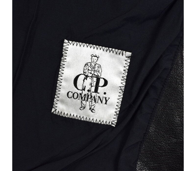 C.P. Company black leather mille miglia goggle hooded field jacket 52