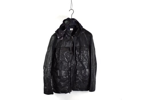 C.P. Company C.P. Company black leather mille miglia goggle hooded field jacket 52