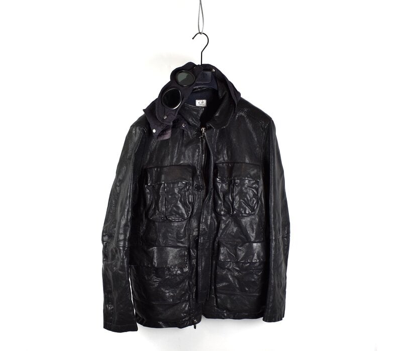 C.P. Company black leather mille miglia goggle hooded field jacket 52