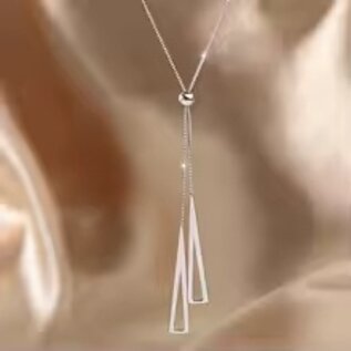 Adjustable choker necklace with two elongated triangles.