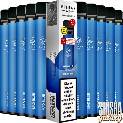 Elf Bar Elf Bar - Mad Blue - 10er Packung / Display (Sparset) - Einweg E-Shisha - 600 Züge / Nikotin 20 mg