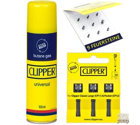 Clipper Feuerzeug Zubehör Set - Gas 100 ml - 3 Flints - 9 Feuersteine Clipper Feuerzeug Zubehör Set - Gas 100 ml - 3 Flints - 9 Feuersteine