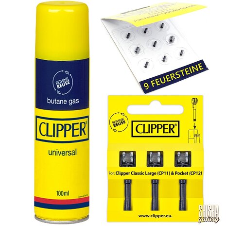 Clipper Clipper - Feuerzeug Zubehör Set - Gas 100 ml - 3 Flints - 9 Feuersteine - für Classic Large (CP11) & Pocket (CP12) Clipper Clipper - Feuerzeug Zubehör Set - Gas 100 ml - 3 Flints - 9 Feuersteine - für Classic Large (CP11) & Pocket (CP12)
