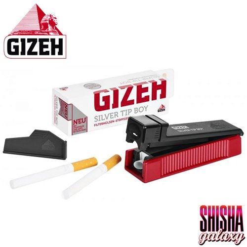 Gizeh Gizeh - Silver Tip Boy - Red Black - Filterhülsen Stopfer / Stopfgerät / Stopfmaschine mit Stopfhilfe, Anti-Rutsch-Pads & Ersatzspitze