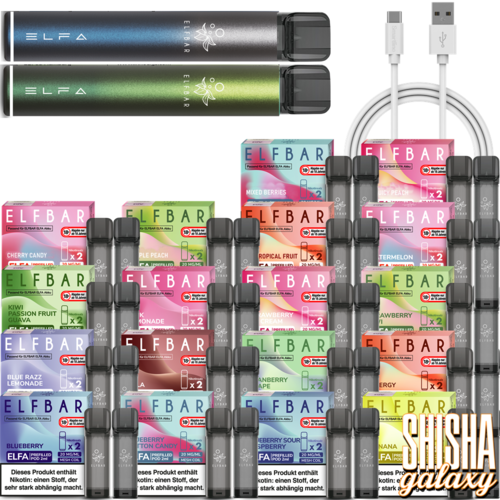 Elf Bar ELFA - Pod Kit & Liquid Pod Starter Set inkl. USB - 2 Pod Kits / 36 Liquid Pods - Twilight Blue & Aurora Green Elf Bar ELFA - Pod Kit & Liquid Pod Starter Set inkl. USB - 2 Pod Kits / 36 Liquid Pods - Twilight Blue & Aurora Green