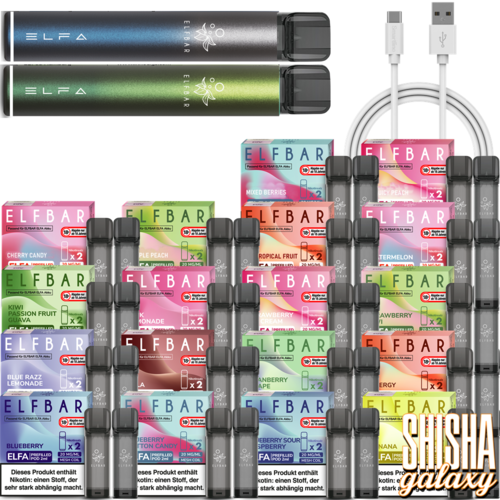 Elf Bar Elf Bar - ELFA - Prefilled Pod Kit & Liquid Pod Starter Set inkl. USB Ladekabel - 2 Pod Kits / 52 Liquid Pods (Komplett Set) Twilight Blue & Aurora Green