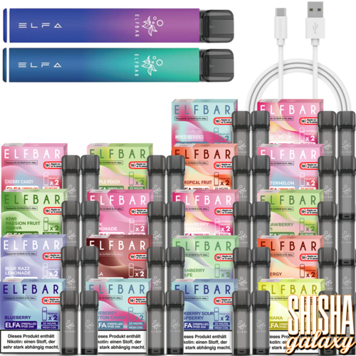 Elf Bar ELFA - Pod Kit & Liquid Pod Starter Set inkl. USB - 2 Pod Kits / 36 Liquid Pods - Aurora Blue & Aurora Purple Elf Bar ELFA - Pod Kit & Liquid Pod Starter Set inkl. USB - 2 Pod Kits / 36 Liquid Pods - Aurora Blue & Aurora Purple