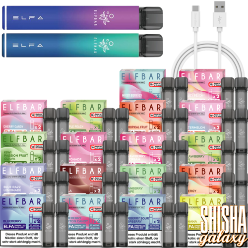 Elf Bar Elf Bar - ELFA - Prefilled Pod Kit & Liquid Pod Starter Set inkl. USB Ladekabel - 2 Pod Kits / 52 Liquid Pods (Komplett Set) Aurora Blue & Aurora Purple