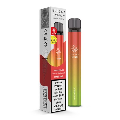 Elf Bar 600 V2 Elf Bar V2 - Apple Peach - 10er Packung / Display (Sparset) - Einweg E-Shisha - 600 Züge / Nikotin 20 mg