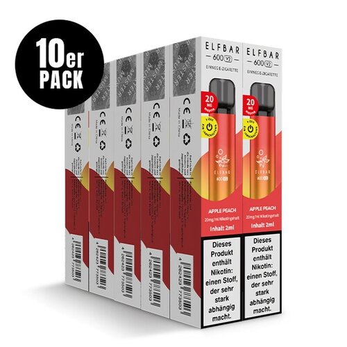 Elf Bar 600 V2 Elf Bar V2 - Apple Peach - 10er Packung / Display (Sparset) - Einweg E-Shisha - 600 Züge / Nikotin 20 mg