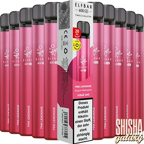 Elf Bar 600 V2 Elf Bar V2 - Pink Lemonade - 10er Packung / Display (Sparset) - Einweg E-Shisha - 600 Züge / Nikotin 20 mg