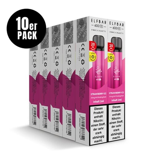 Elf Bar 600 V2 Elf Bar V2 - Strawberry Ice - 10er Packung / Display (Sparset) - Einweg E-Shisha - 600 Züge / Nikotin 20 mg