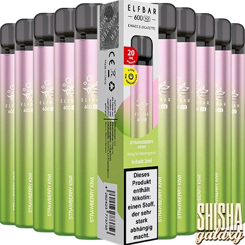 Elf Bar 600 V2 Elf Bar V2 - Strawberry Kiwi - 10er Packung / Display (Sparset) - Einweg E-Shisha - 600 Züge / Nikotin 20 mg