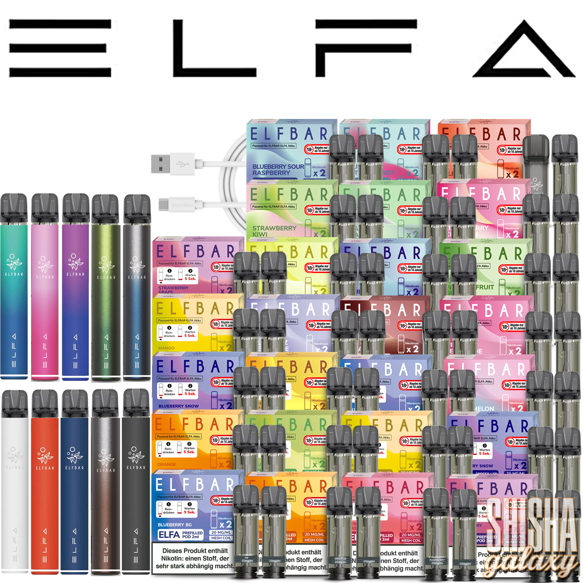 ELFA - Pod Kit & Liquid Pod Starter Set + USB - 10 Pod Kits / 52 Pods 