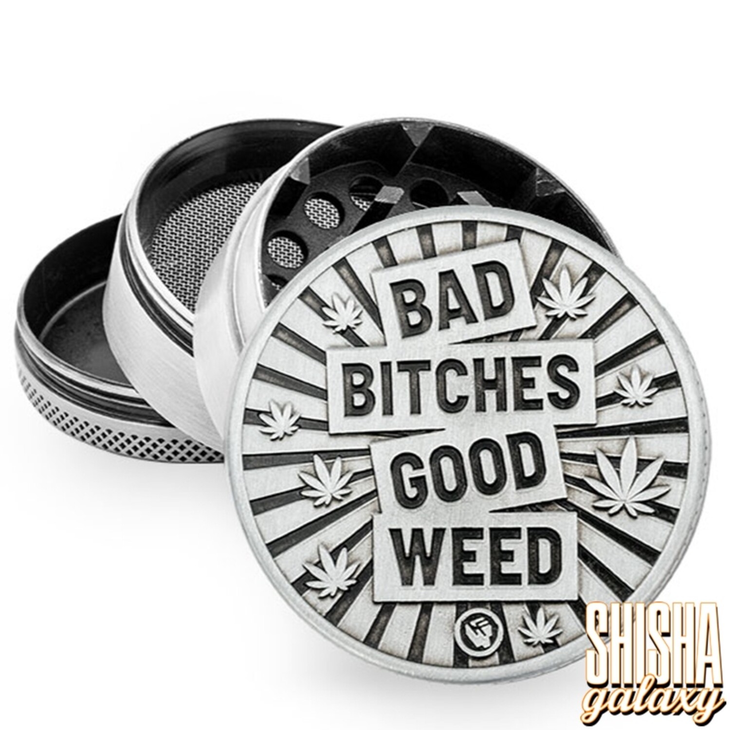 Fire Flow Metall Grinder - Bad Bitches Good Weed -  50 mm - 4 Teilig -  Shisha Galaxy