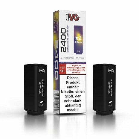 IVG IVG 2400 - Blackcurrant Lemonade - Liquid Pod - 2 ml - Nikotin 20 mg - 2er Pack (4 ml) IVG IVG 2400 - Blackcurrant Lemonade - Liquid Pod - 2 ml - Nikotin 20 mg - 2er Pack (4 ml)