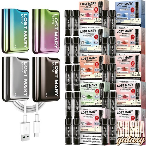 Lost Mary Tappo Tappo - Pod Kit & Liquid Pod Starter Set inkl. USB - 4 Pod Kits / 20 Liquid Pods