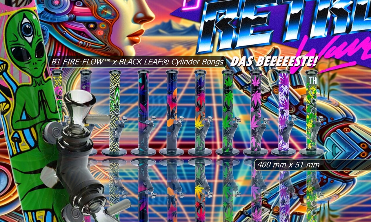 Fire Flow B1 Fire Flow™ x Black Leaf® - Cylinder Bong - Trippy Alien - No. 10 - 400 mm x 51 mm - NS 14/19 - Glasbong Fire Flow B1 Fire Flow™ x Black Leaf® - Cylinder Bong - Trippy Alien - No. 10 - 400 mm x 51 mm - NS 14/19 - Glasbong