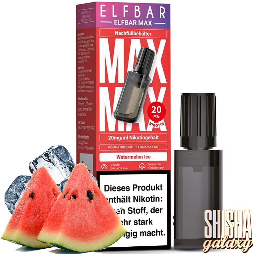 Elfbar Elfbar MAX - Watermelon Ice - Nachfüllbehälter/Liquid Pod - Nikotin 20 mg (10ml) Elfbar Elfbar MAX - Watermelon Ice - Nachfüllbehälter/Liquid Pod - Nikotin 20 mg (10ml)