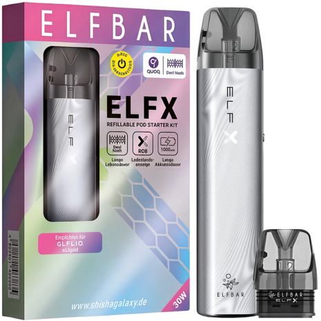 Elfbar Elfbar ELFX - Pod Kit - Akku 1000 mAh - Silver - E-Zigarette + 2x Leer-Pods (0,6 & 0,8 Ohm) Elfbar Elfbar ELFX - Pod Kit - Akku 1000 mAh - Silver - E-Zigarette + 2x Leer-Pods (0,6 & 0,8 Ohm)
