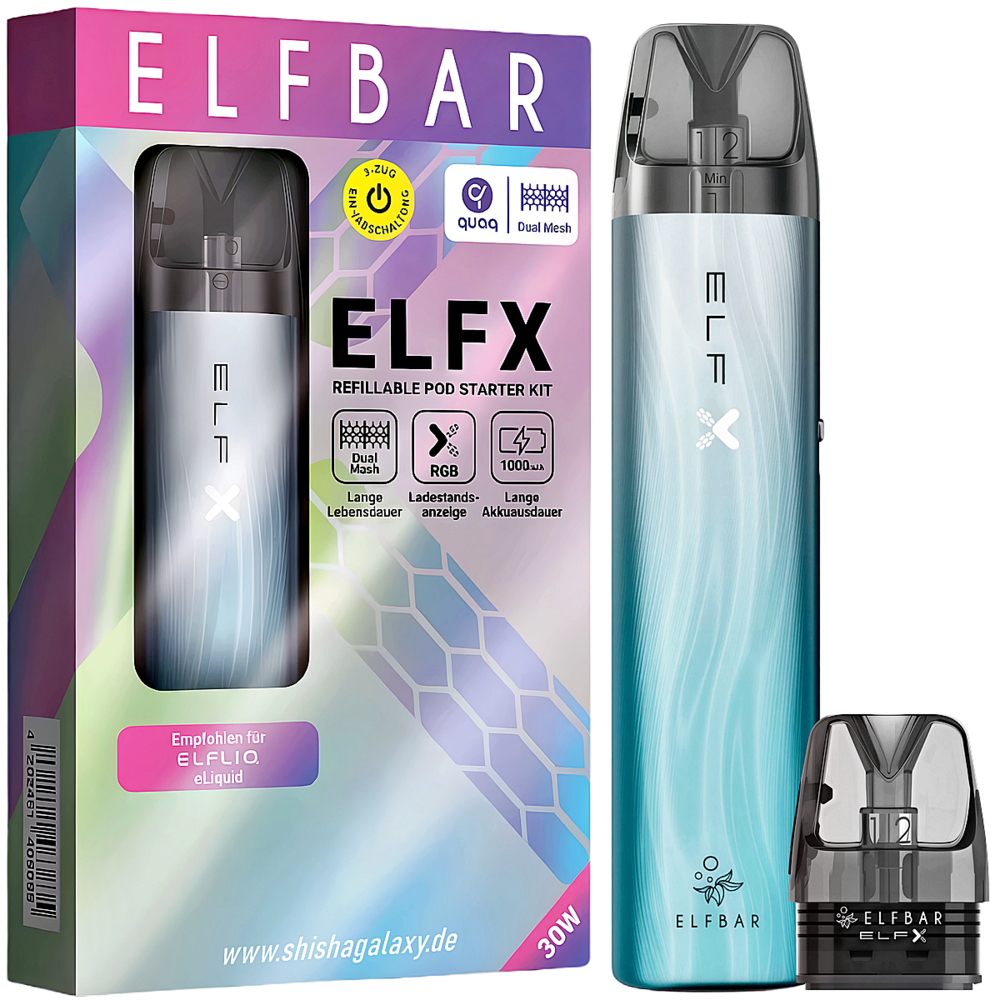 Elfbar Elfbar ELFX - Pod Kit - Akku 1000 mAh - Silver Blue - E-Zigarette + 2x Leer-Pods (0,6 & 0,8 Ohm) Elfbar Elfbar ELFX - Pod Kit - Akku 1000 mAh - Silver Blue - E-Zigarette + 2x Leer-Pods (0,6 & 0,8 Ohm)