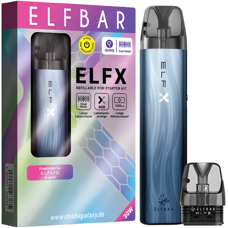 Elfbar Elfbar ELFX - Pod Kit - Akku 1000 mAh - Dark Sea - E-Zigarette + 2x Leer-Pods (0,6 & 0,8 Ohm) Elfbar Elfbar ELFX - Pod Kit - Akku 1000 mAh - Dark Sea - E-Zigarette + 2x Leer-Pods (0,6 & 0,8 Ohm)