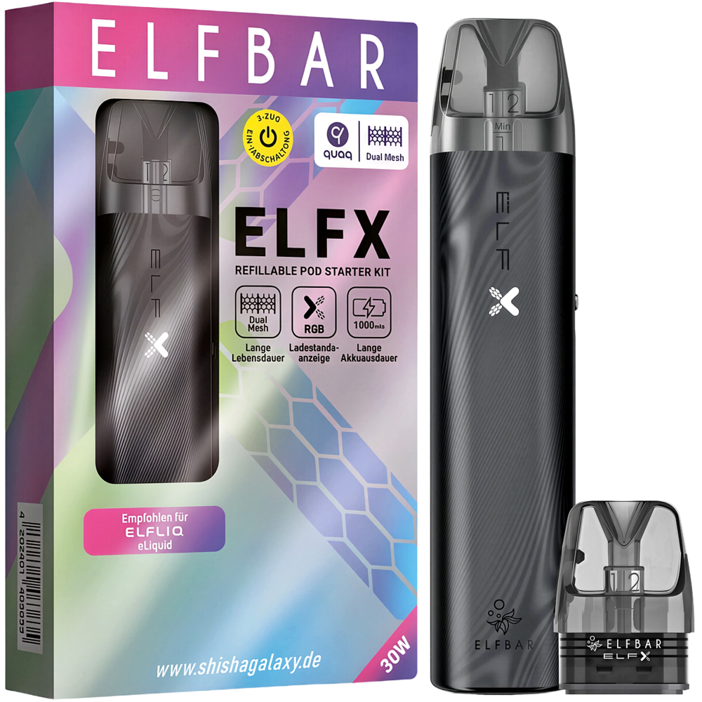 Elfbar Elfbar ELFX - Pod Kit - Akku 1000 mAh - Black - E-Zigarette + 2x Leer-Pods (0,6 & 0,8 Ohm) Elfbar Elfbar ELFX - Pod Kit - Akku 1000 mAh - Black - E-Zigarette + 2x Leer-Pods (0,6 & 0,8 Ohm)